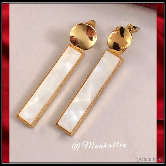 New Gold statement mod geometric mother of pearl opal Abalone shell bar earrings - Picture 2 of 6